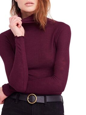 Free People Lettuce Hem Thermal Top Plum Ribbed Long Sleeve Medium